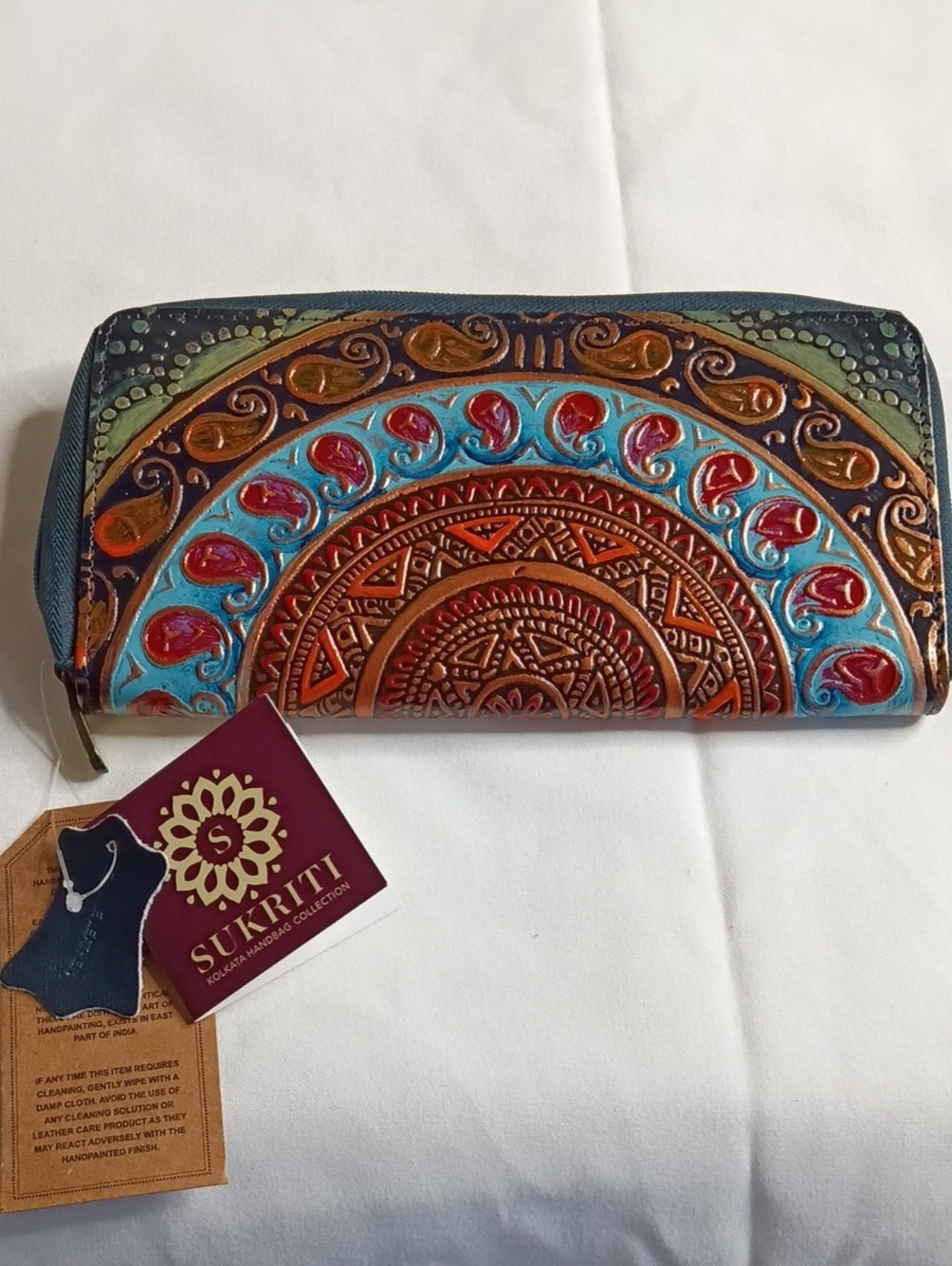 Sukriti Multicolor Embossed Leather Wallet - Turquoise & Brown Accents